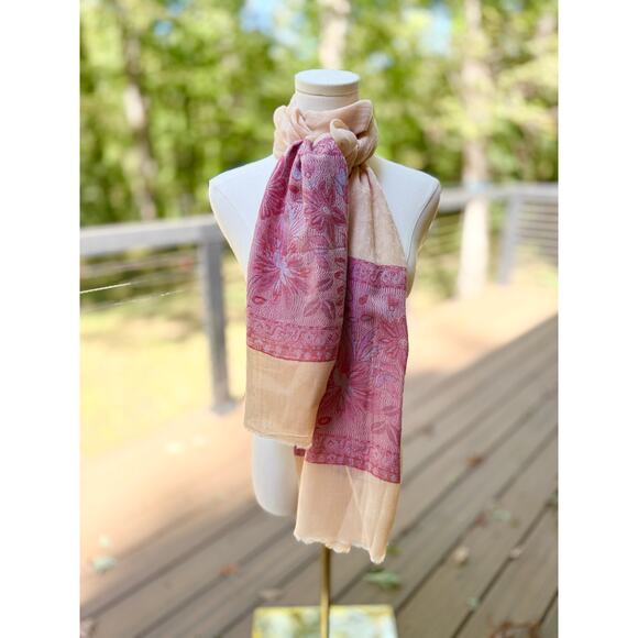 Long Lightweight Cashmere Scarf Pink Floral Pattern Soft Elegant Wrap Shawl - Picture 2 of 9